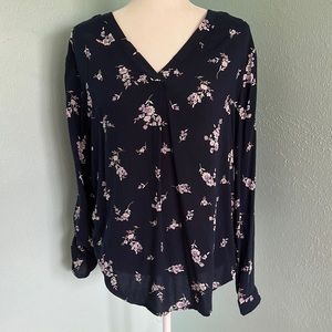 Navy with white and lilac floral blouse
